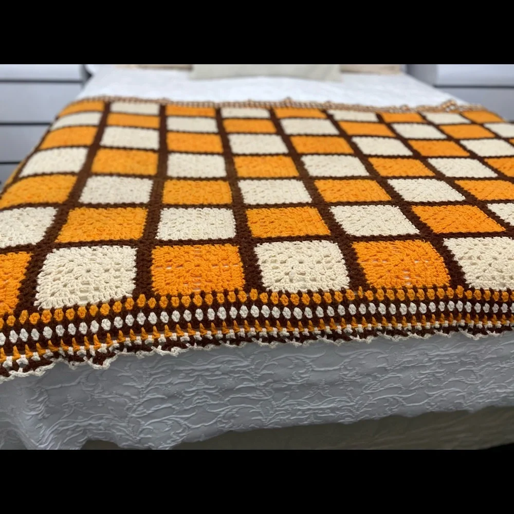 Handmade Orange and Cream Crochet Granny Square Throw - Brand